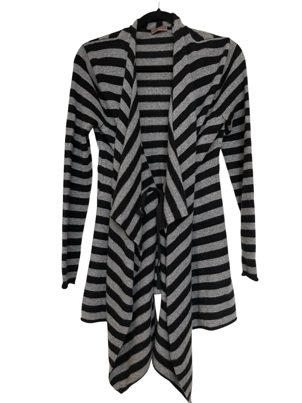 100% Cashmere GreyBlack Striped Draped Open Front Cardigan Sweater Quiet Luxury
